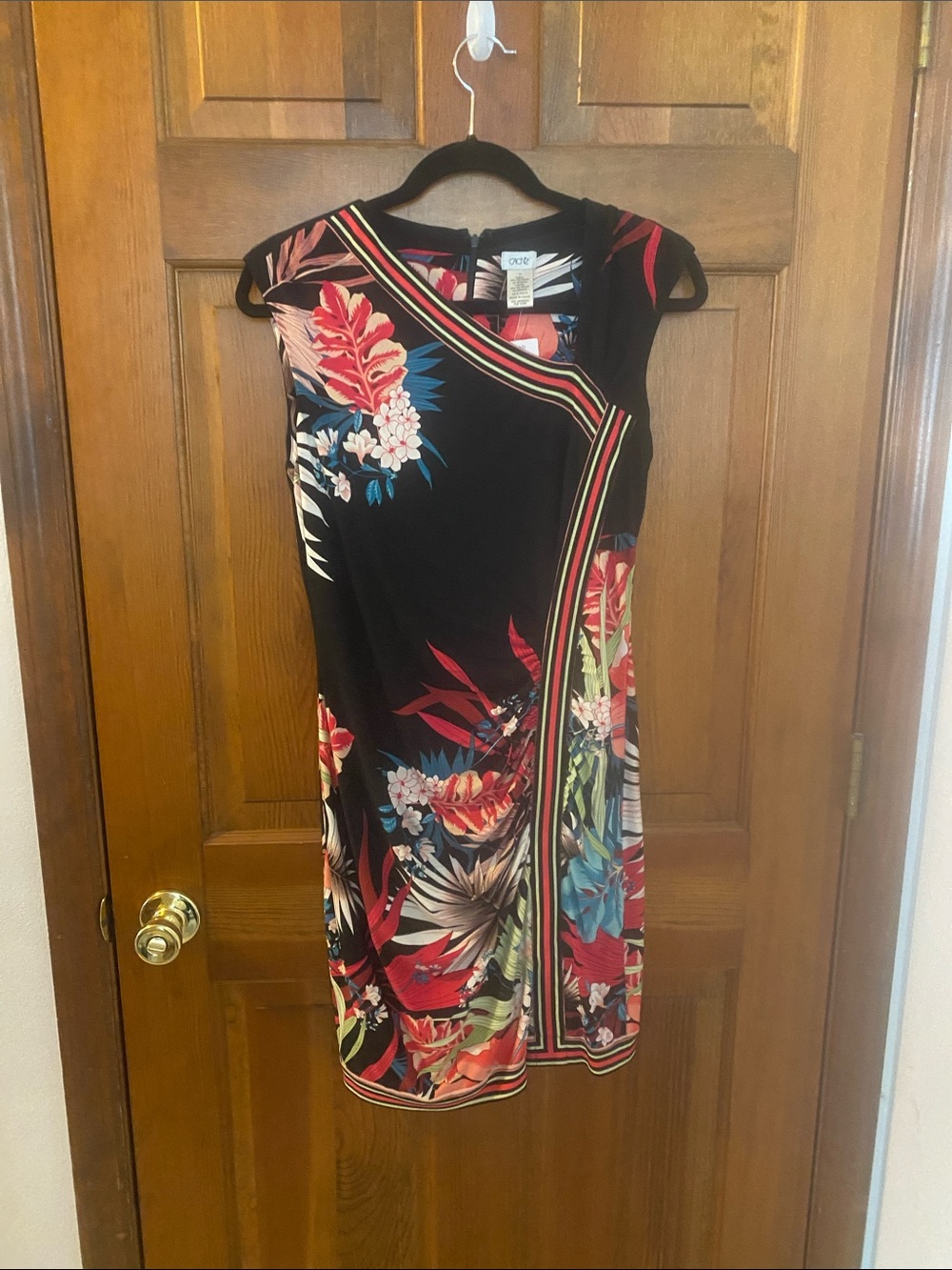 Cache Black Sleeveless Dress with Red, Blue & Green Tropical Print